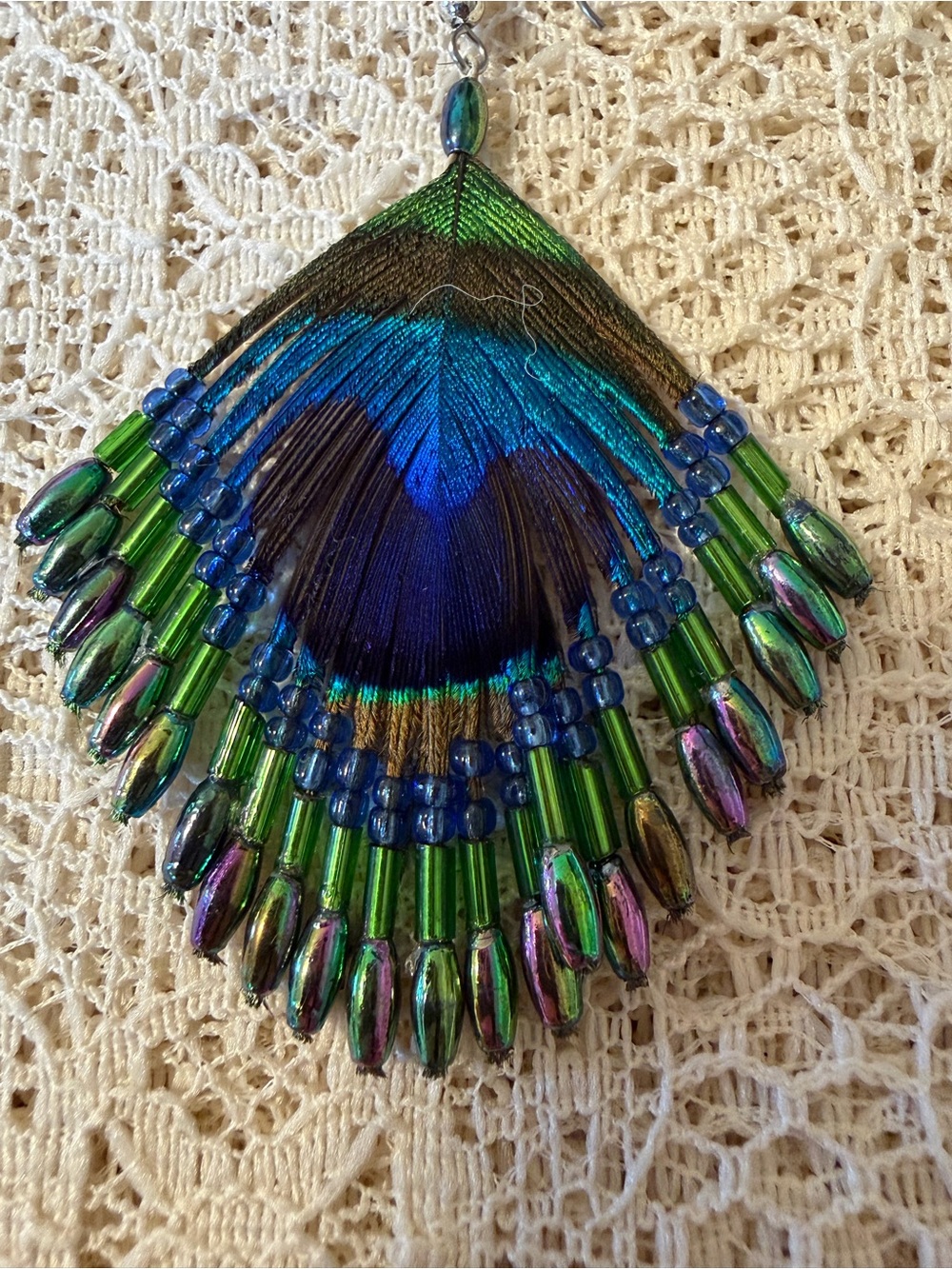 Handcrafted Beadsd and Genuine Peacock Feather Earrings - Picture 2 of 2